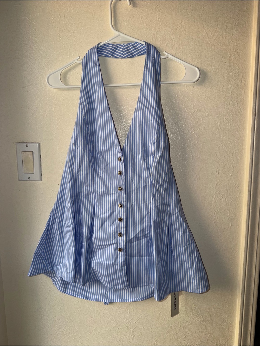 Commense Blue & White Striped Halter Button-Down Top